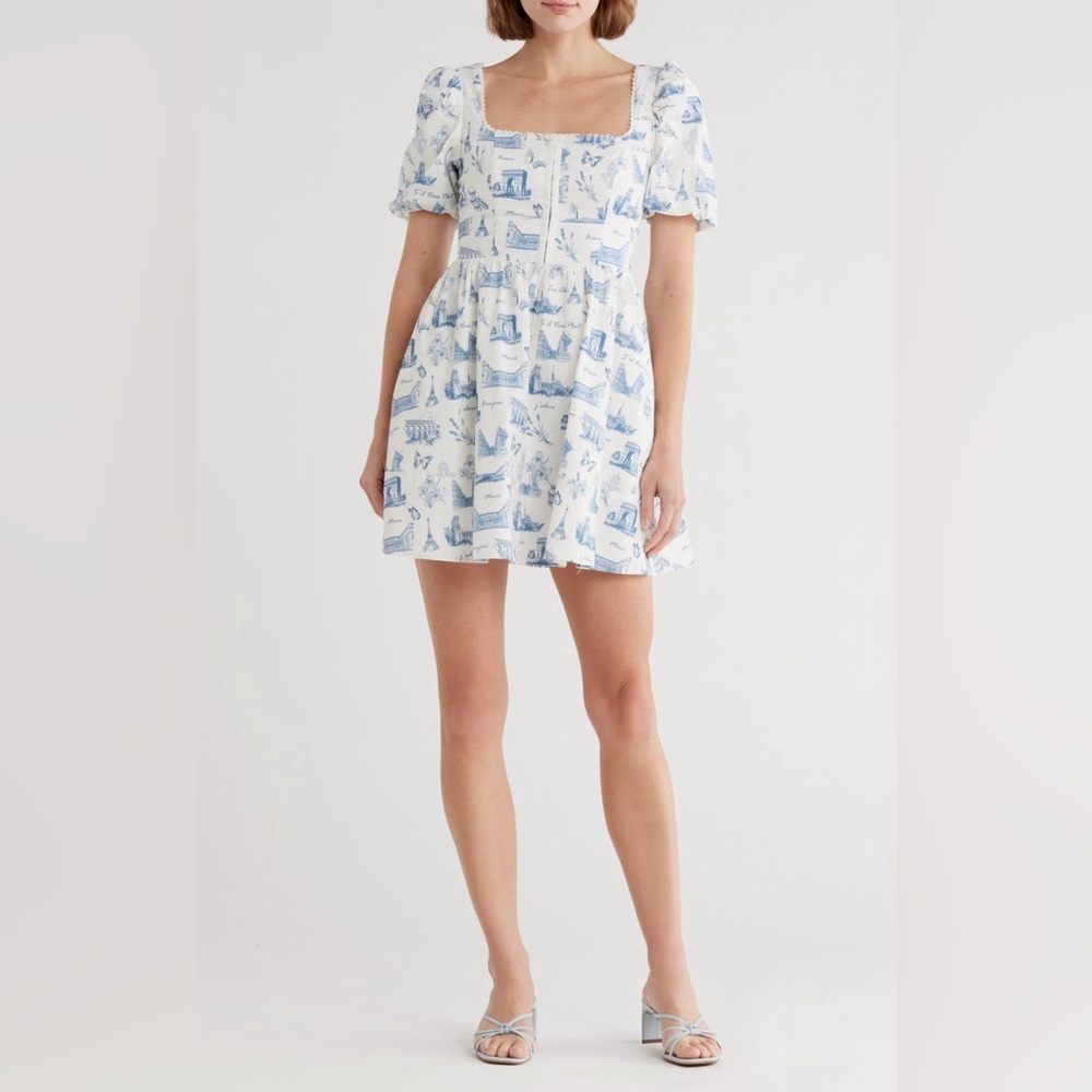 Avec Les Filles Puff Sleeve Fit and Flare Parisian Mini Dress